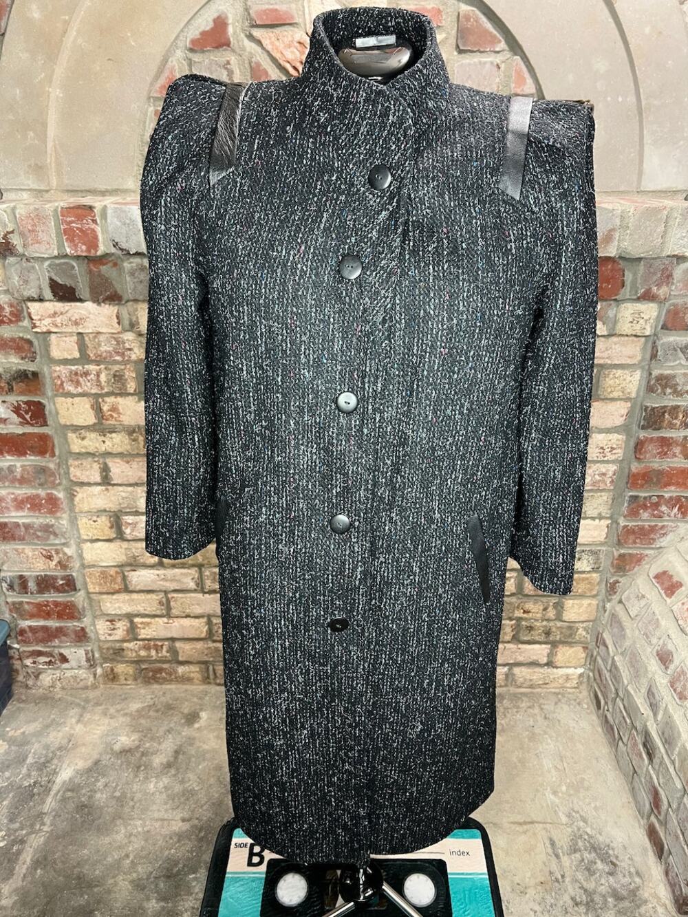 Coat wool charcoal teal pink blue high neck leather trim